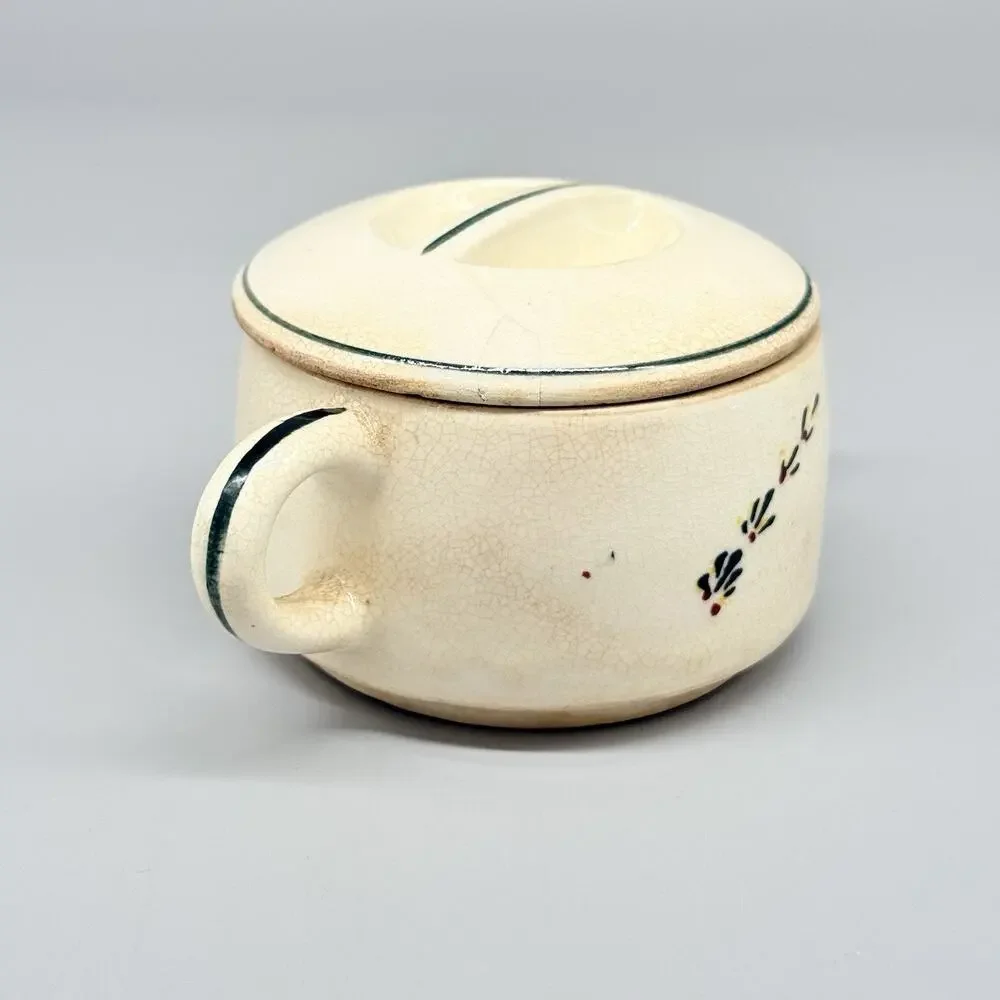 Vintage Stoneware Sugar Bowl With Lid & Handles Bird Design Cream Green Yellow